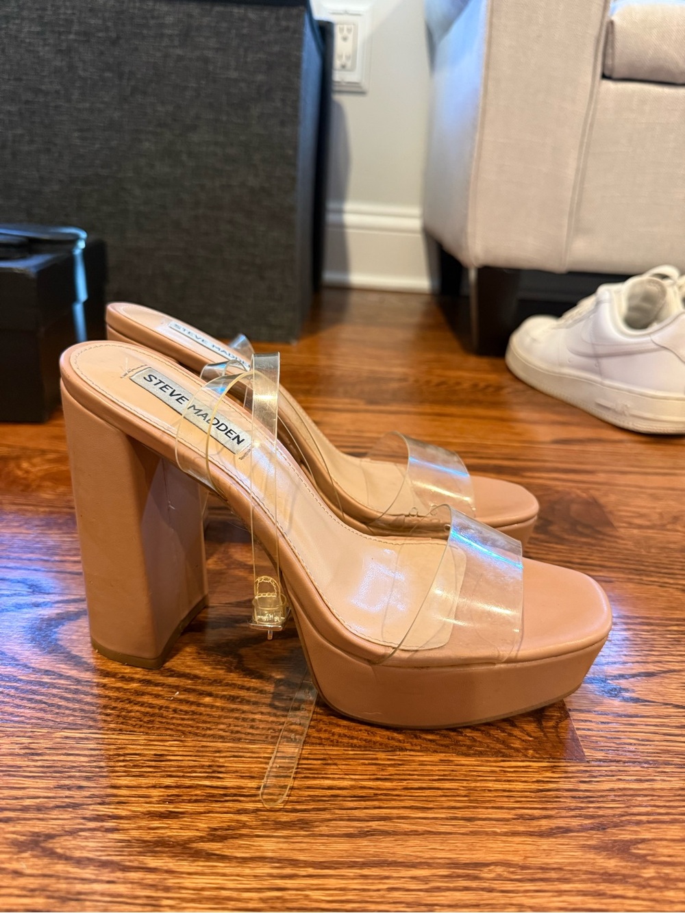 Steve Madden Tan Platform Block Heel Sandal with Clear Straps